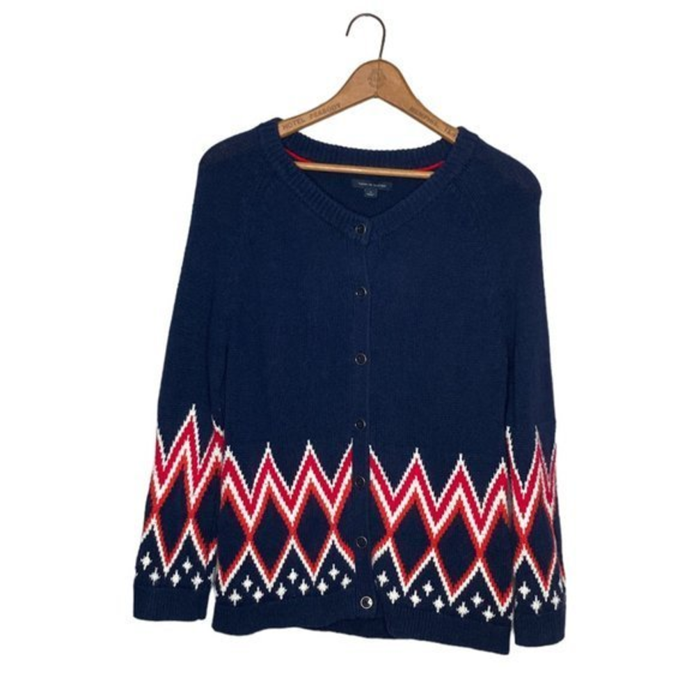 Tommy Hilfiger Medium M Navy Diamond Chevron Cotton Chunky Knit Cardigan Sweater